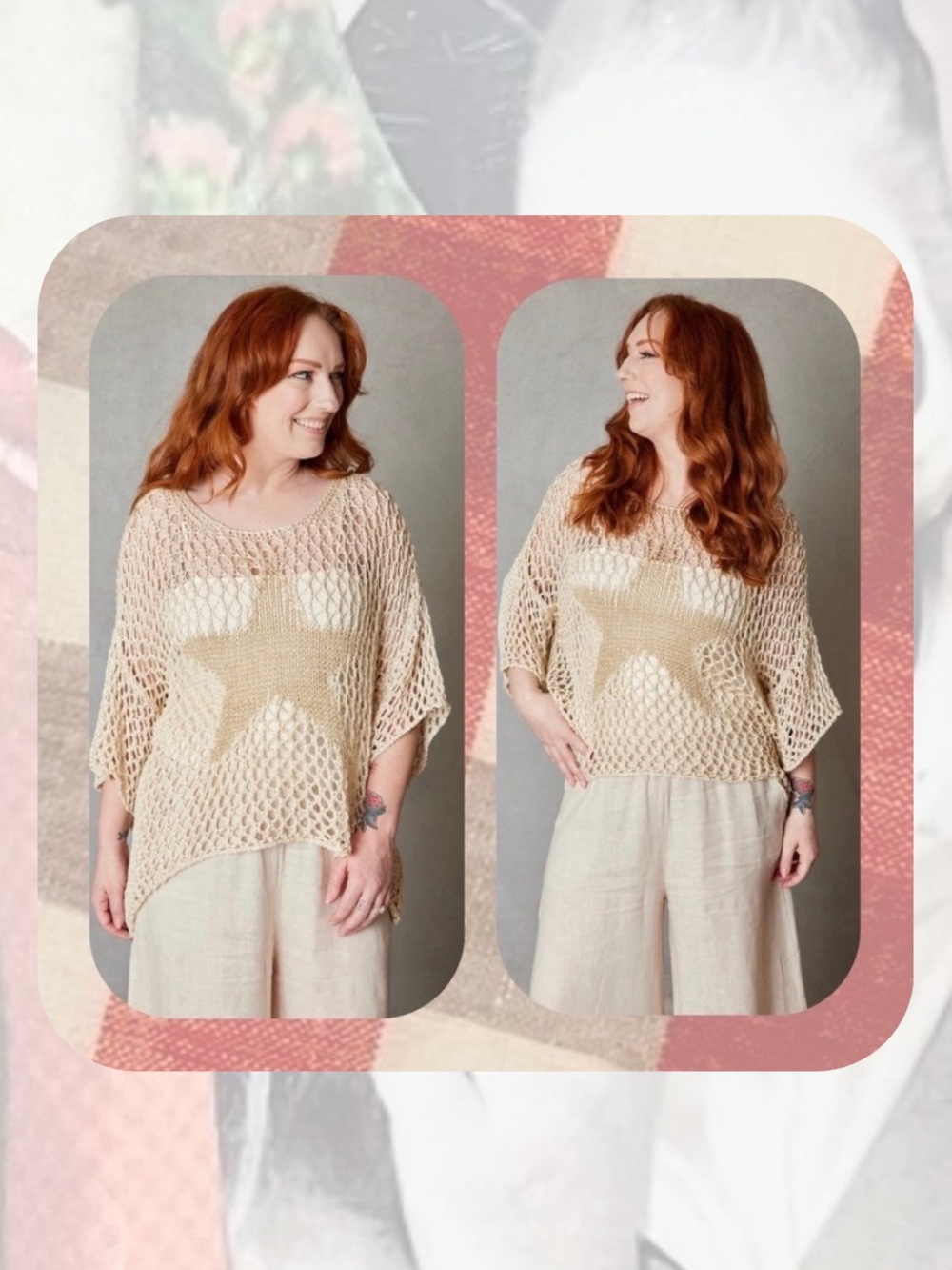 (one size) πnwtπ ivory & metallic gold high-low crochet star sweater